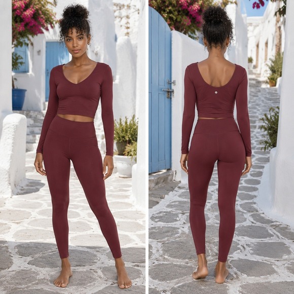 lululemon athletica Tops - Lululemon Align Long Sleeve V-Neck Crop Top Red Merlot Burgundy Nulu Yoga Shirt
